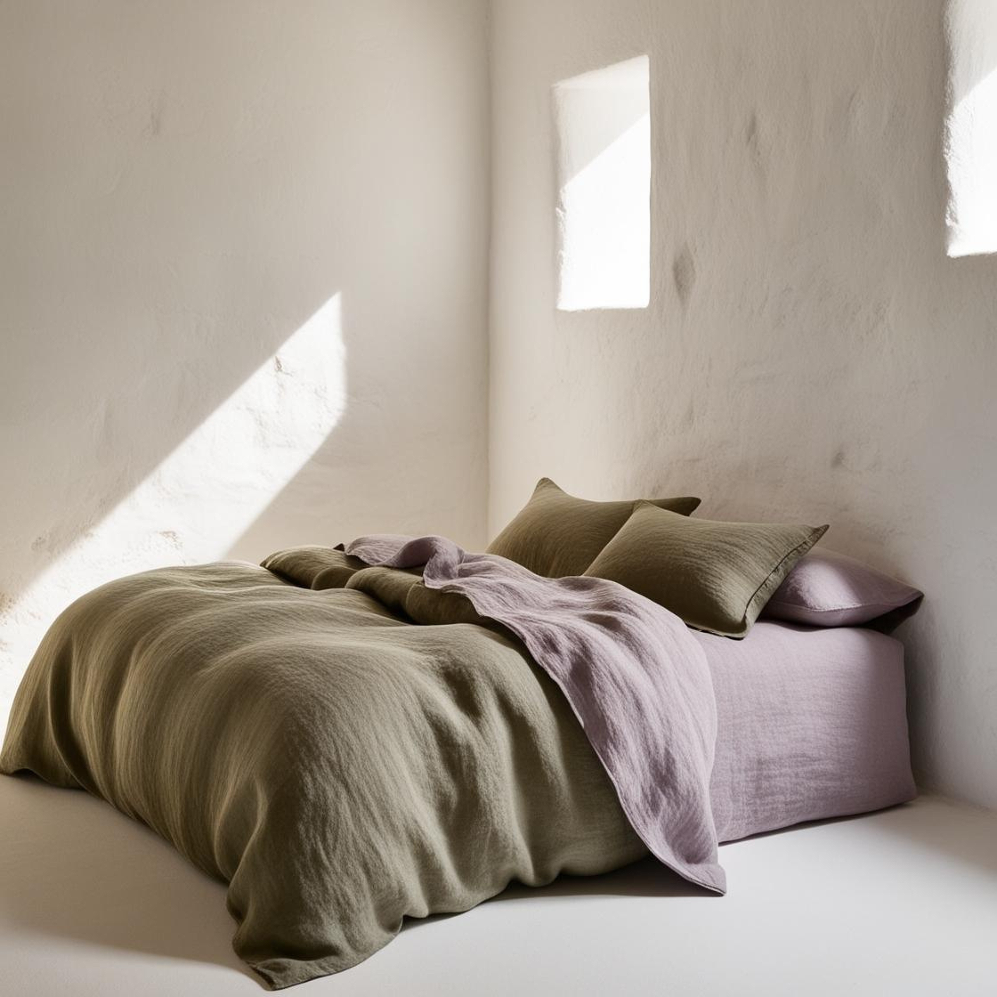 Funda nórdica bicolor verde olivo y malva en habitación rústica blanca