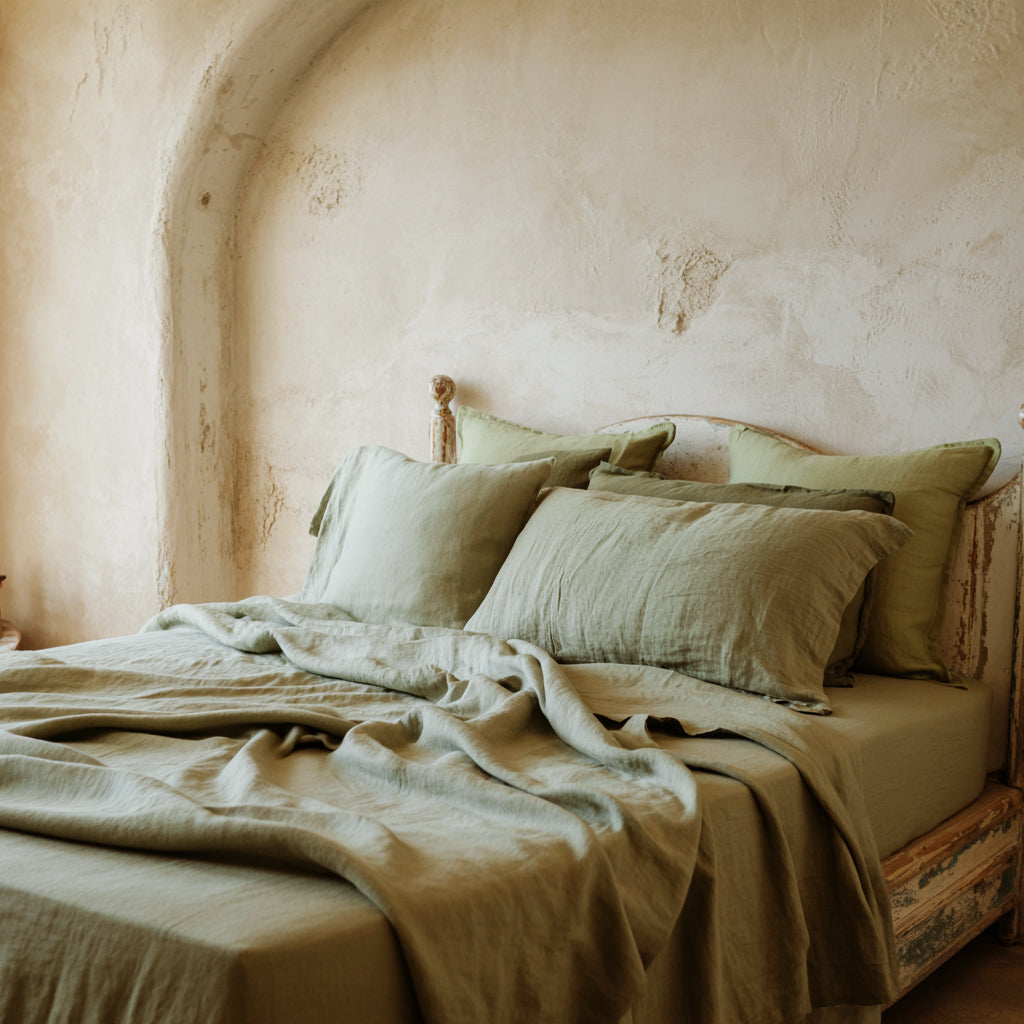 Juego de sábanas de lino VERDE OLIVO-190gr/m2