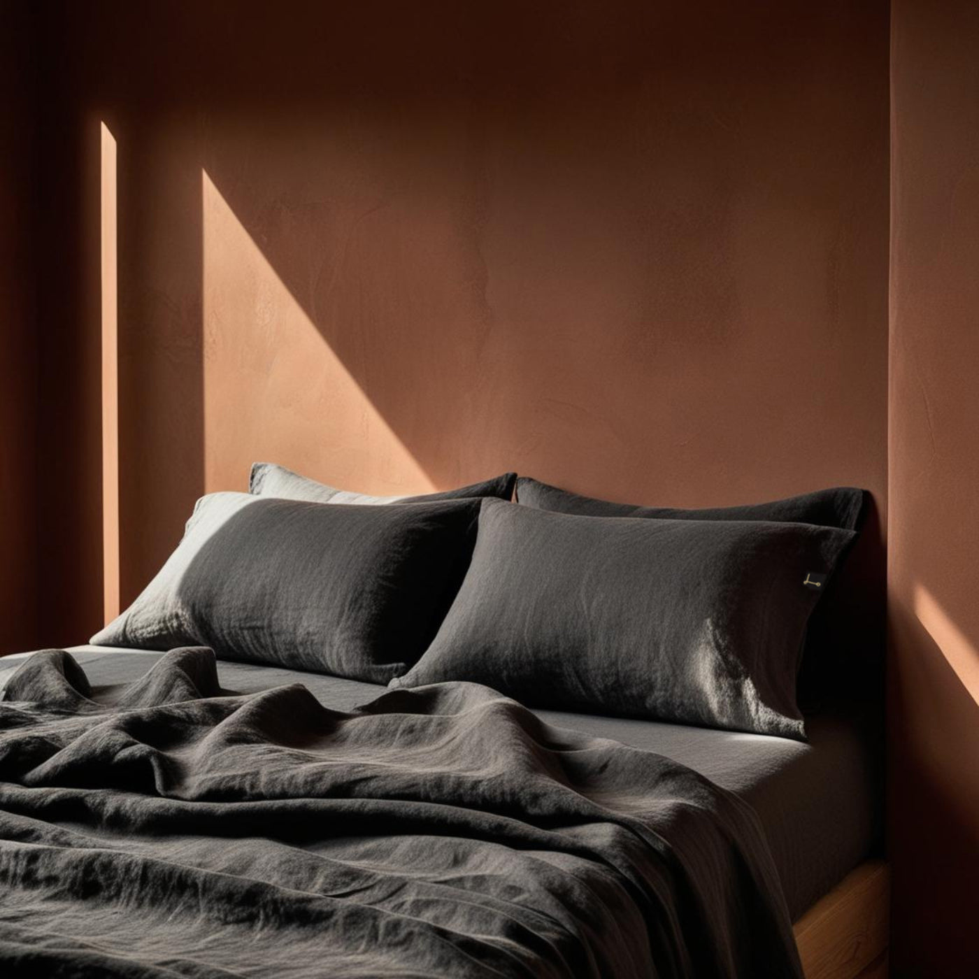 juego de sábanas de lino gris sobre pared terracota y 3 fundas de almohadas