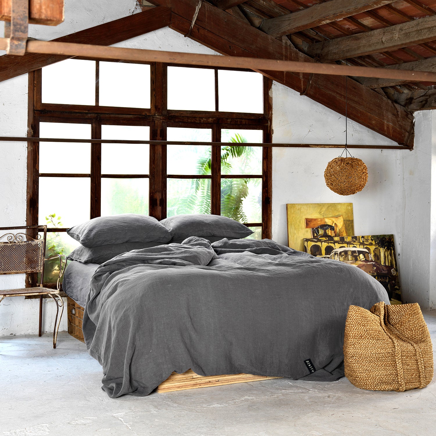 Funda de lino gris para almohada 60x60