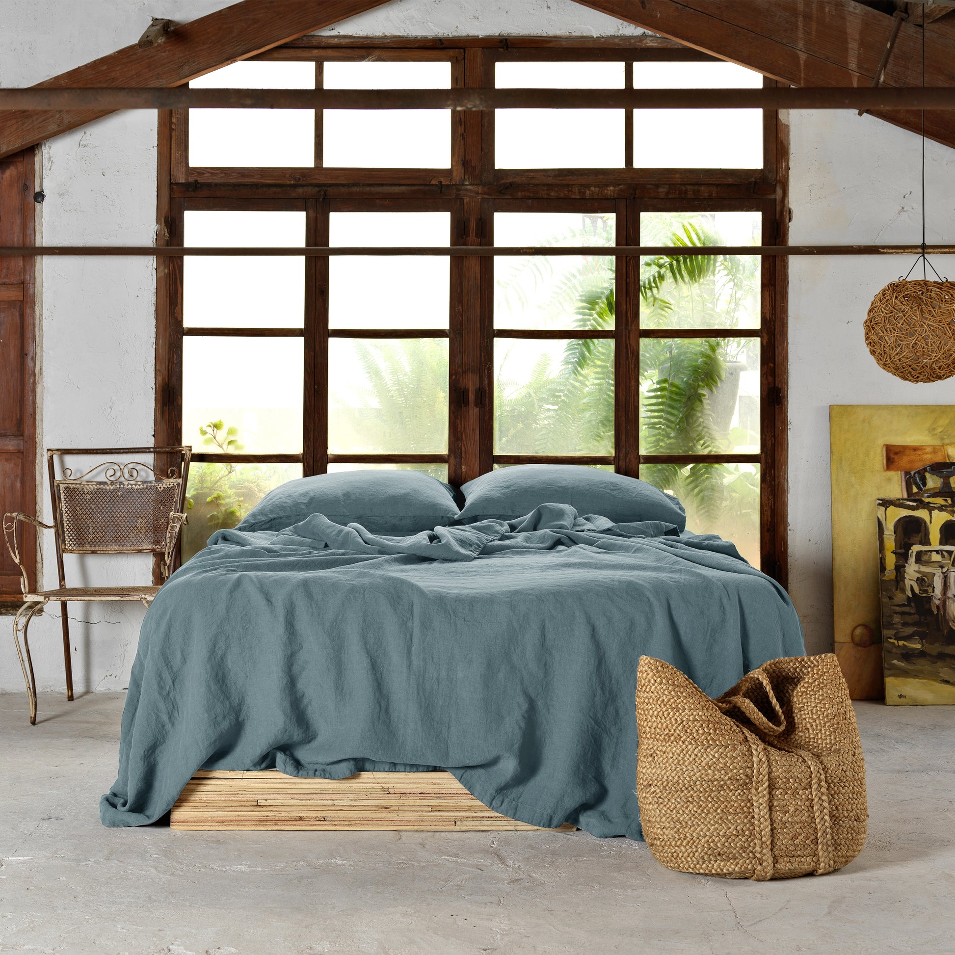 Juego de sábanas de lino azul de 4 piezas