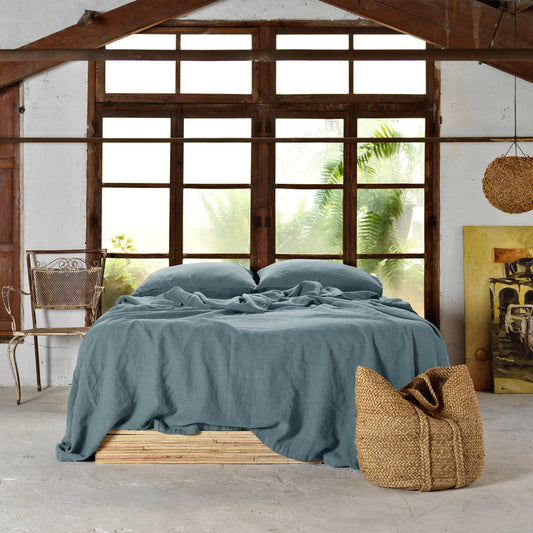 Juego de sábanas de lino azul de 4 piezas