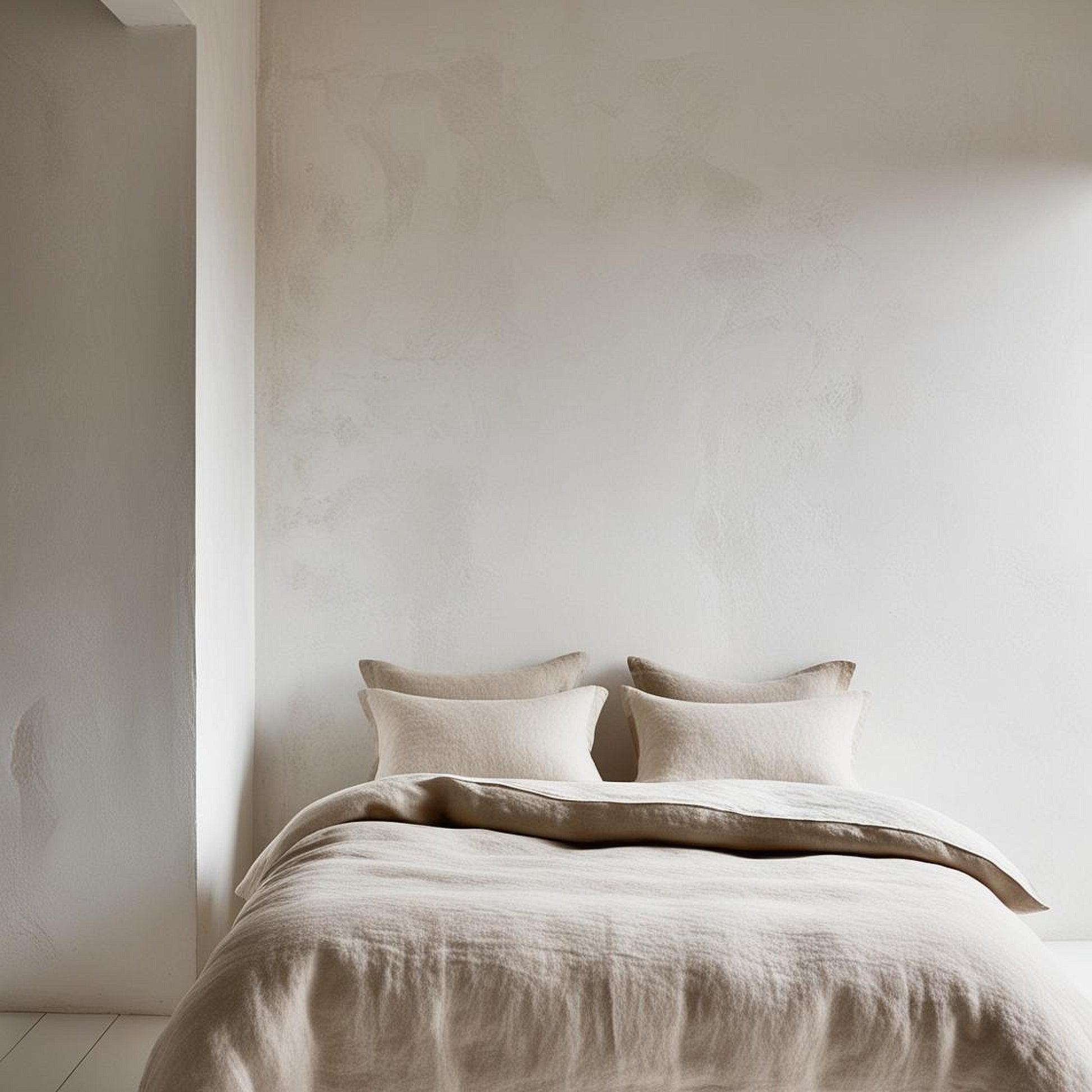 Funda nórdica bicolor de lino natural y lino blanco en una pared blanca