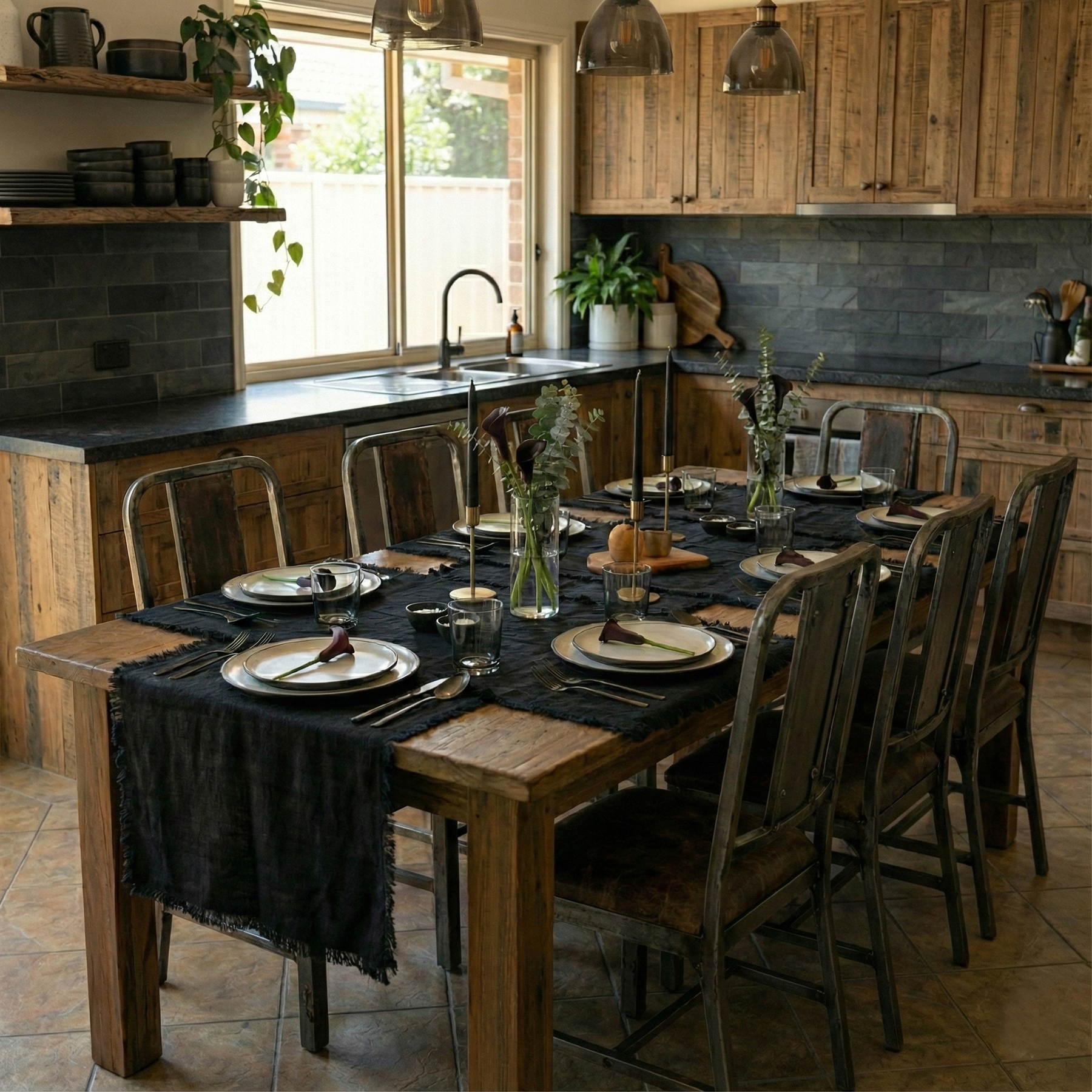 cocina de estilo industrial con individuales negros y caminos