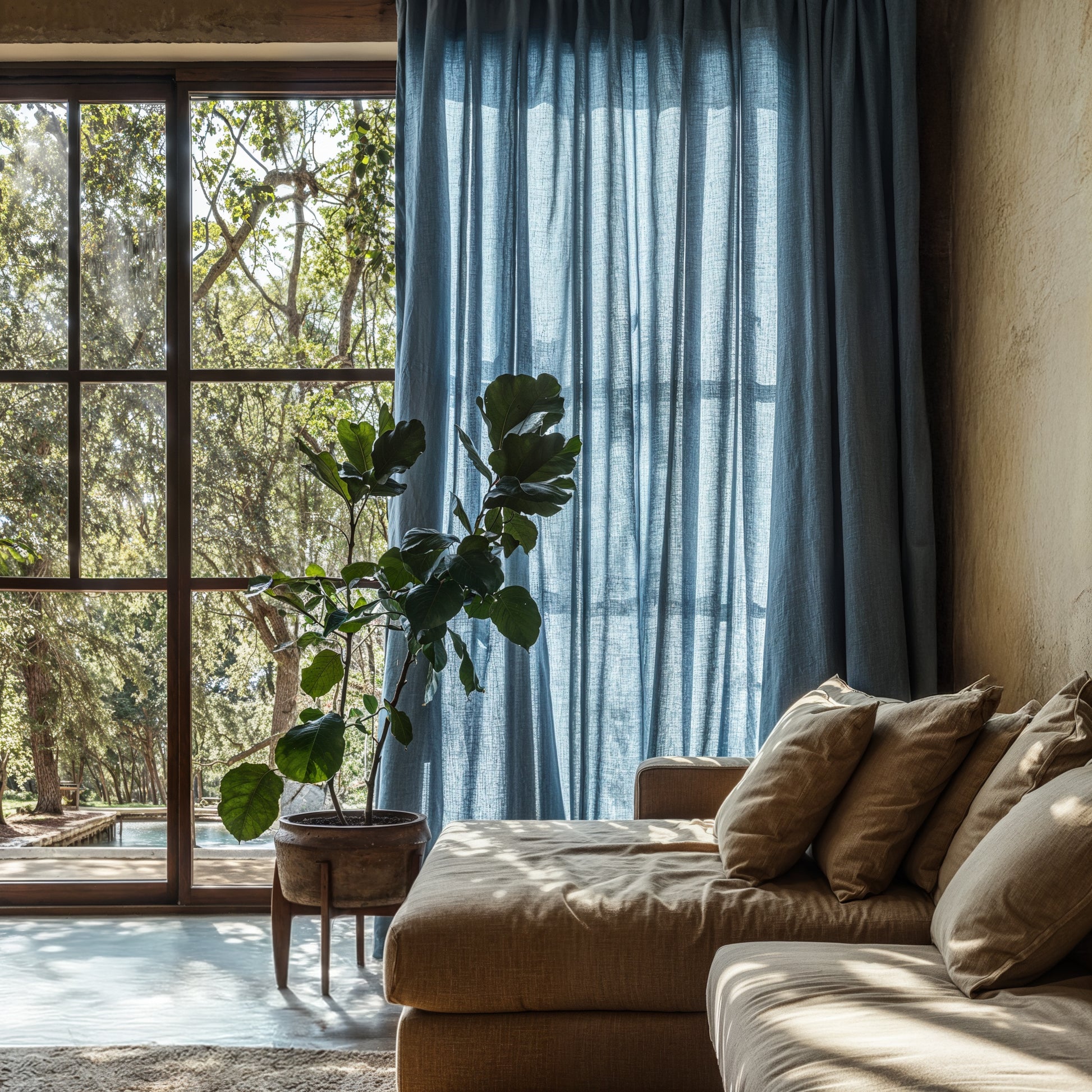 Cortina  de lino azul frente a sofá de lino natural.