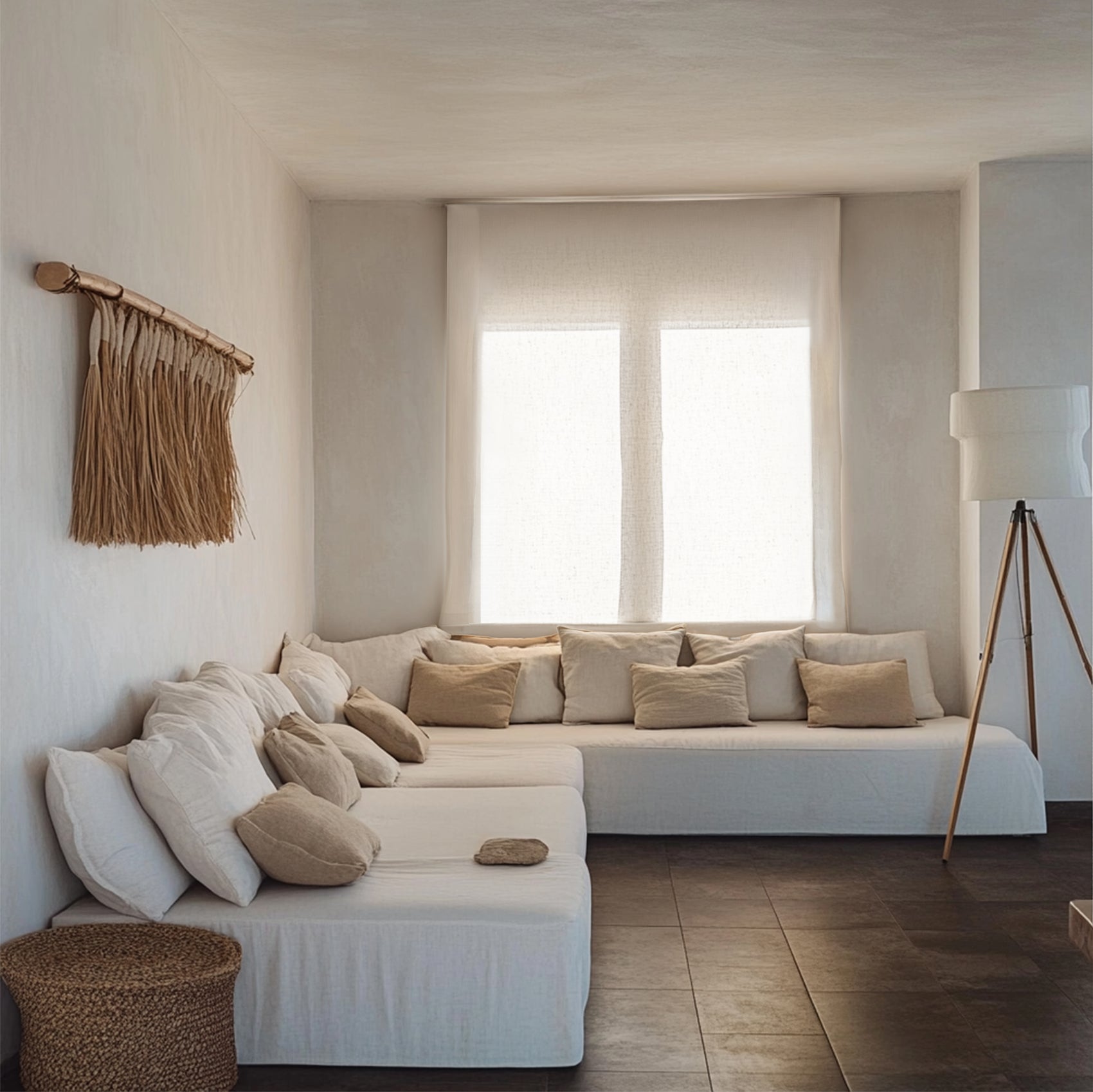 Estor de lino natural blanco en ventana de salón