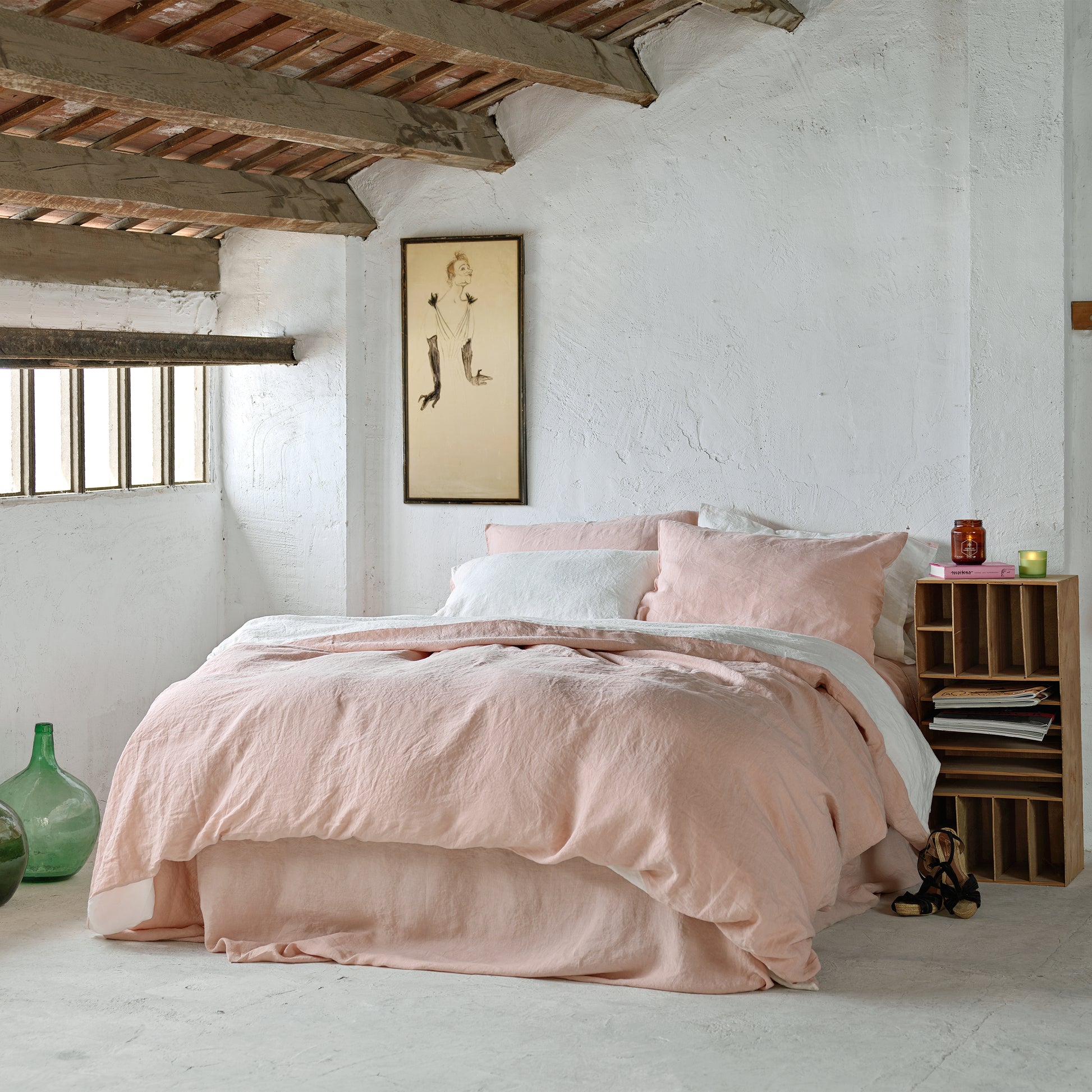 Funda nórdica de lino blanca y ROSA - dE.LENZO 