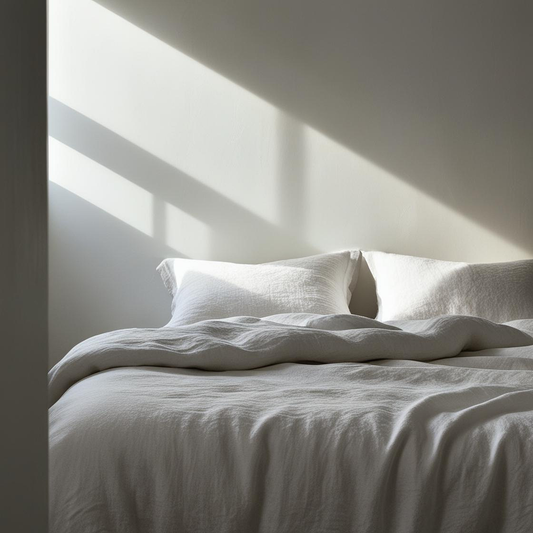 Funda nordica de lino blanco rustico y grueso en habitación con ventana.