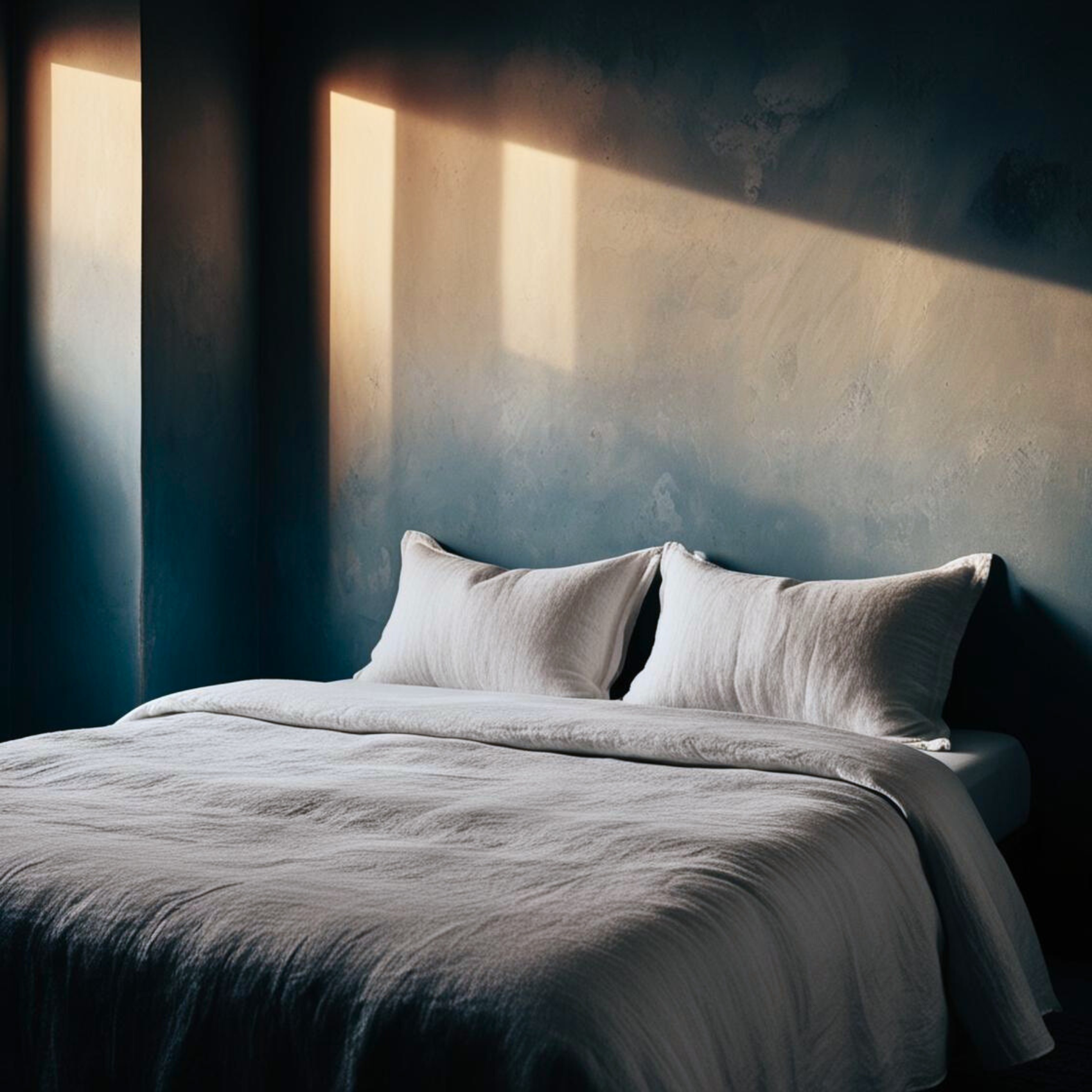 Funda nórdica en habitación con paredes azules.