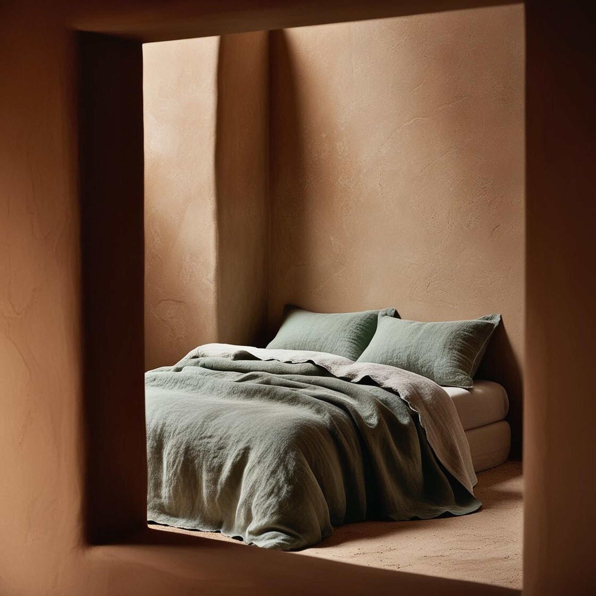 Cama con funda nórdica de lino verde y natural bicolor.