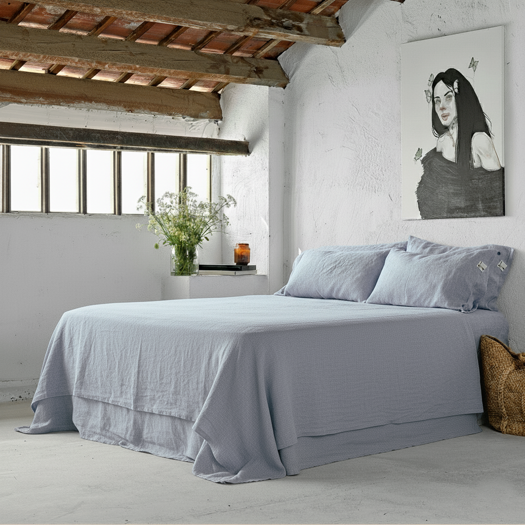 Juego de sábanas  de lino en una cama con paredes blancas encaladas