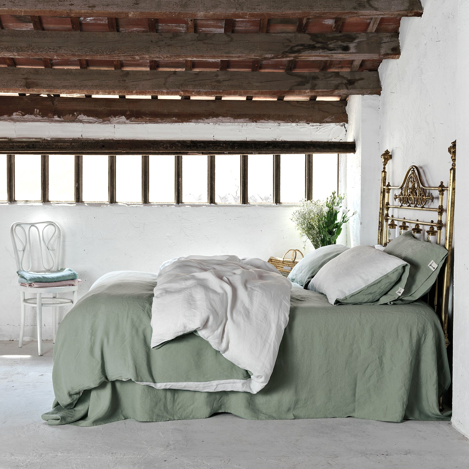 Juego completo lino reversible VERDE laurel&BLANCO-170gr/m2