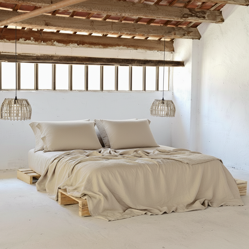 cama sobre madera rustica y lamparas de yute