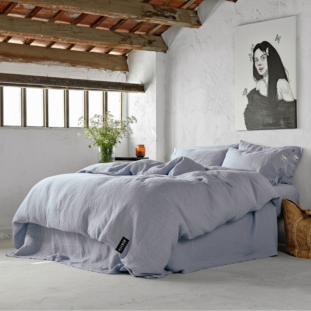 Juego completo de lino azul cielo con un cuadro de chica vestida de negro.