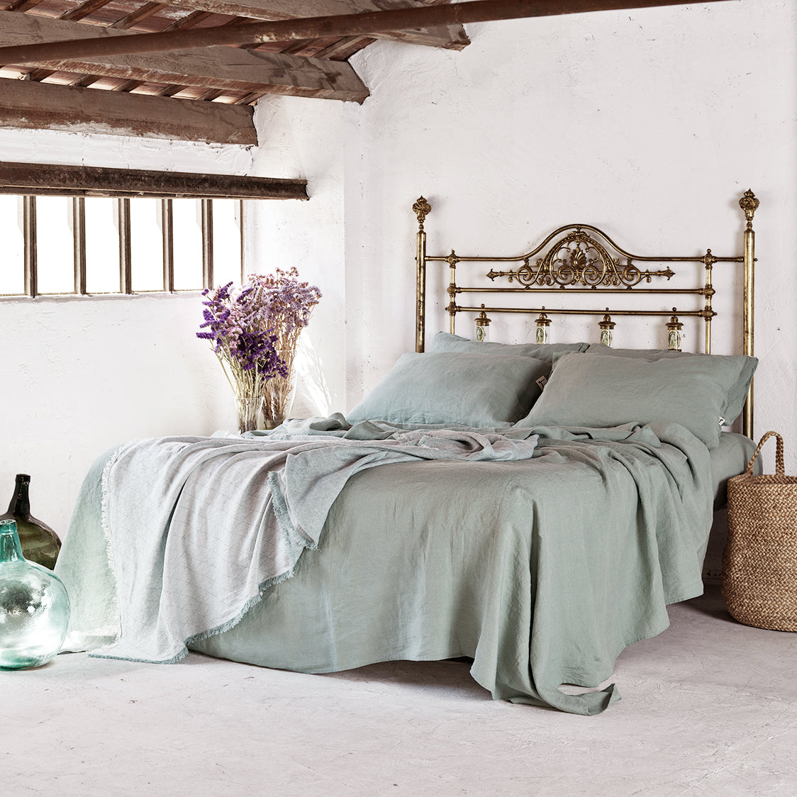 Juego de sábanas de lino VERDE LAUREL-170gr/m2