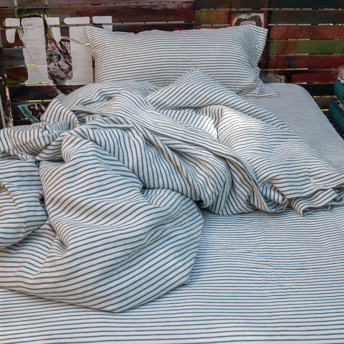 Juego completo de lino marinero verde rayado